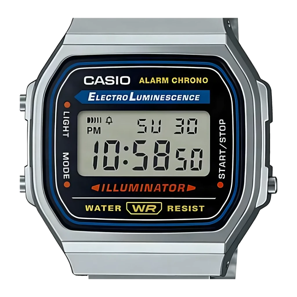 Casio A168WA-1WDF Cronógrafo, Alarme, Calendário Bateria 7 Anos 3ATM, detalhe: mostrador digital com ecrã LCD, inscrições