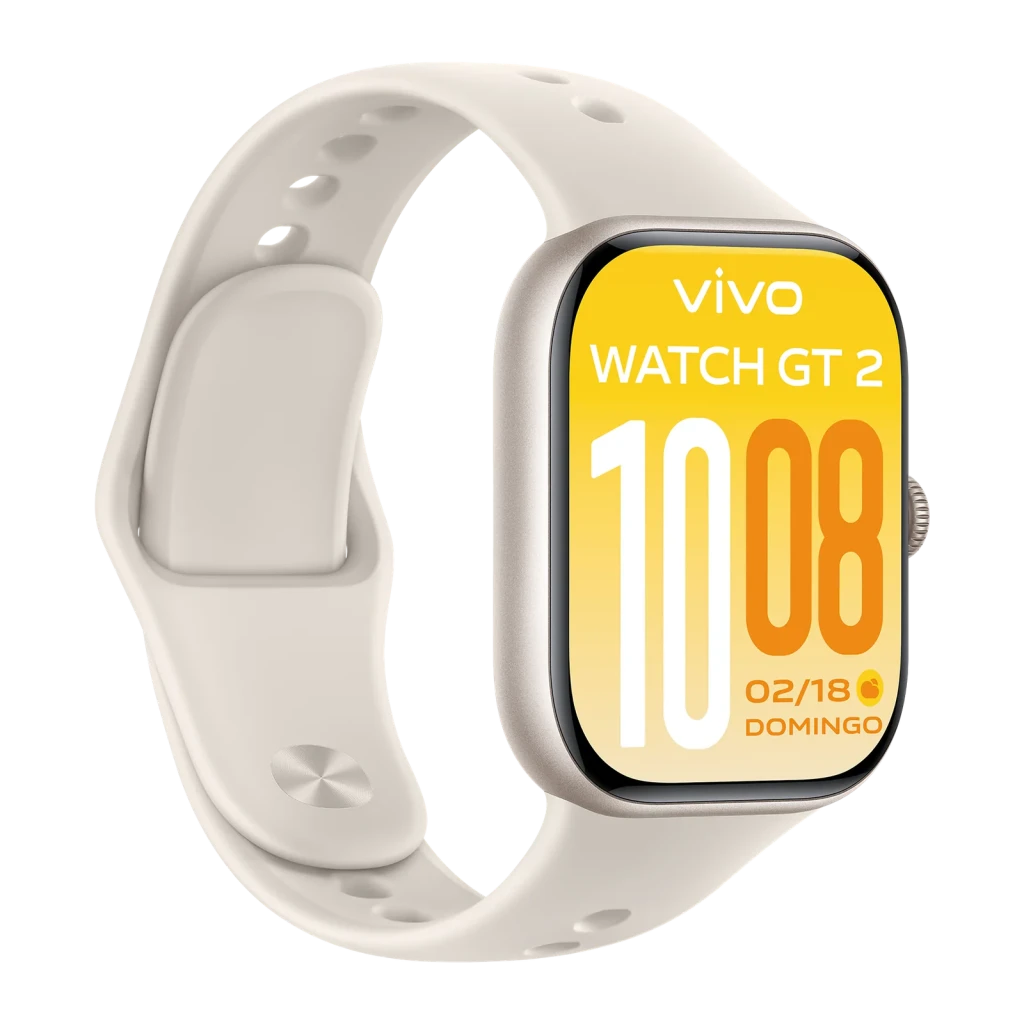 Vivo Watch GT2 Blanco Llamadas Bluetooth FC, SpO2, Sueño, Estrés, vista frontal: pantalla amarilla con hora y correa