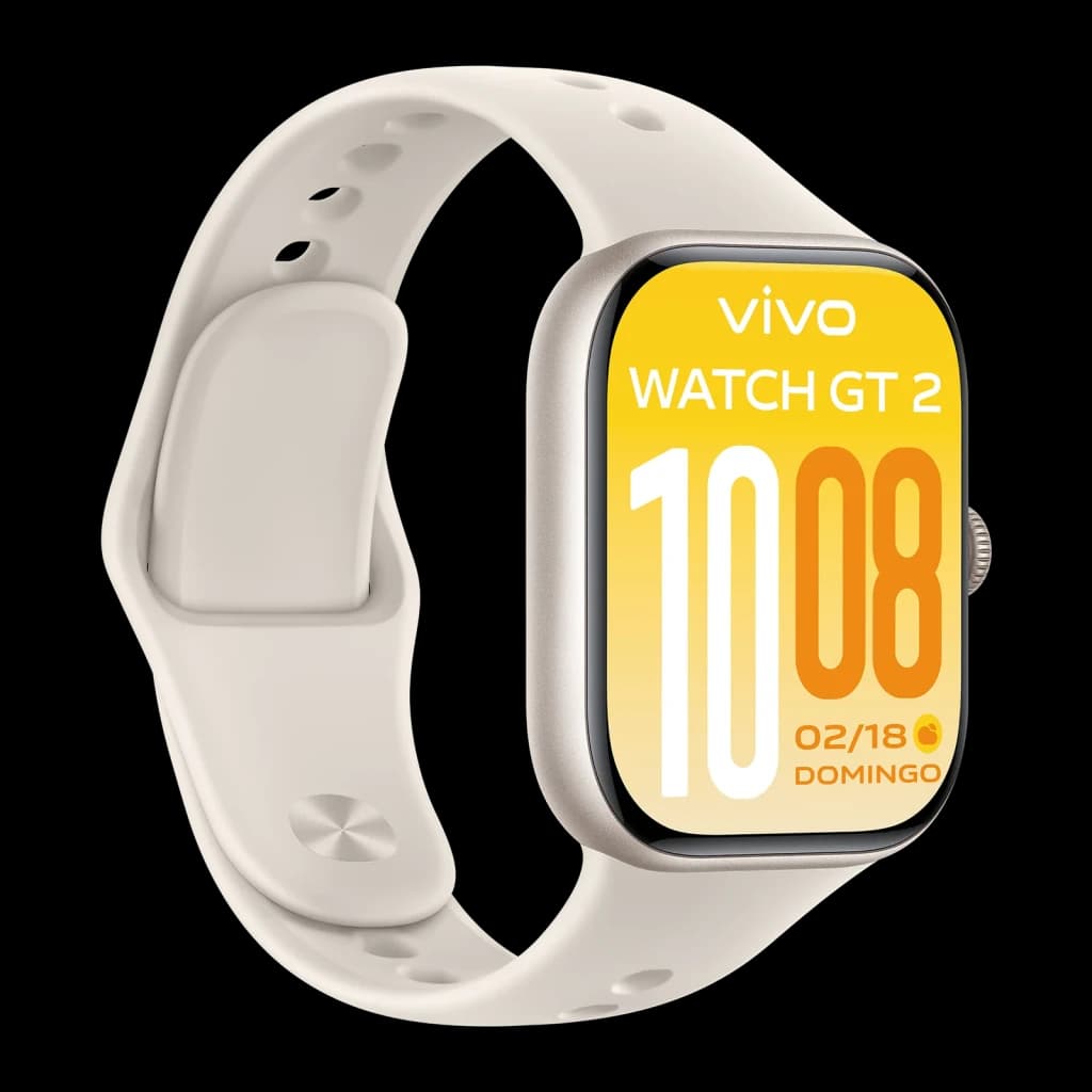 Vivo Watch GT2 Blanco Llamadas Bluetooth FC, SpO2, Sueño, Estrés, vista frontal: pantalla amarilla con hora y correa
