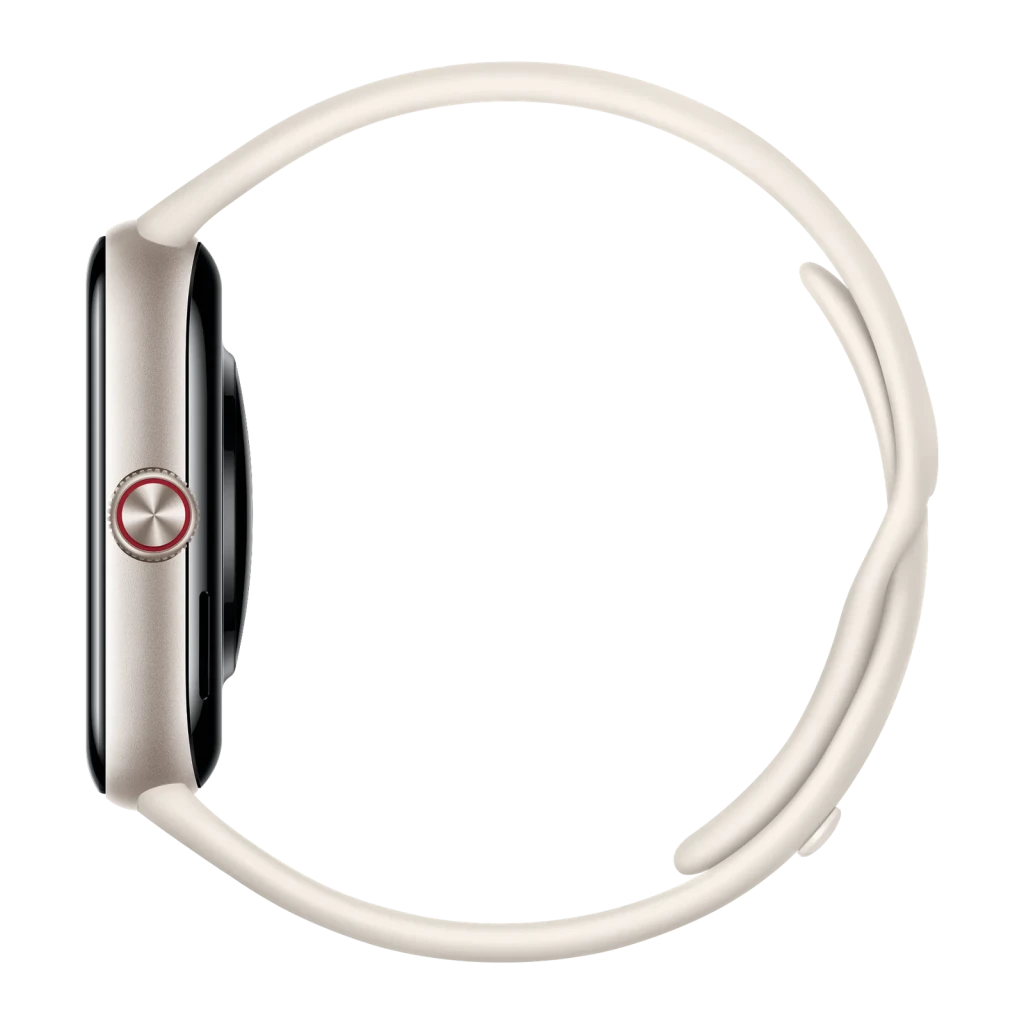 Vivo Watch GT2 Blanco Llamadas Bluetooth FC, SpO2, Sueño, Estrés, detalle lateral: corona giratoria roja y correa blanca