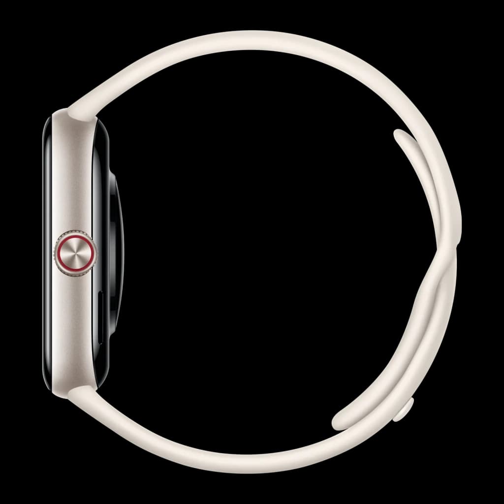 Vivo Watch GT2 Blanco Llamadas Bluetooth FC, SpO2, Sueño, Estrés, detalle lateral: corona giratoria roja y correa blanca