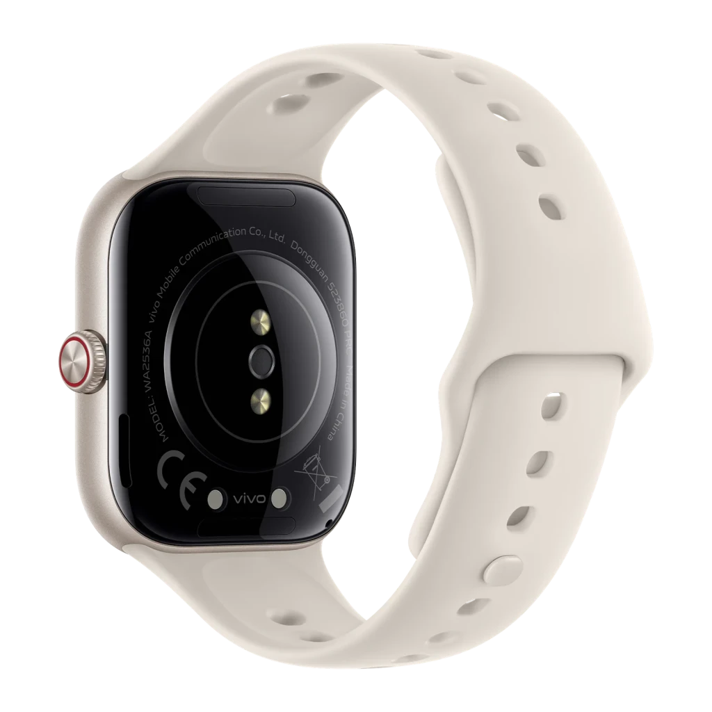 Vivo Watch GT2 Blanco Llamadas Bluetooth FC, SpO2, Sueño, Estrés, vista trasera: sensores ópticos y correa silicona perforada