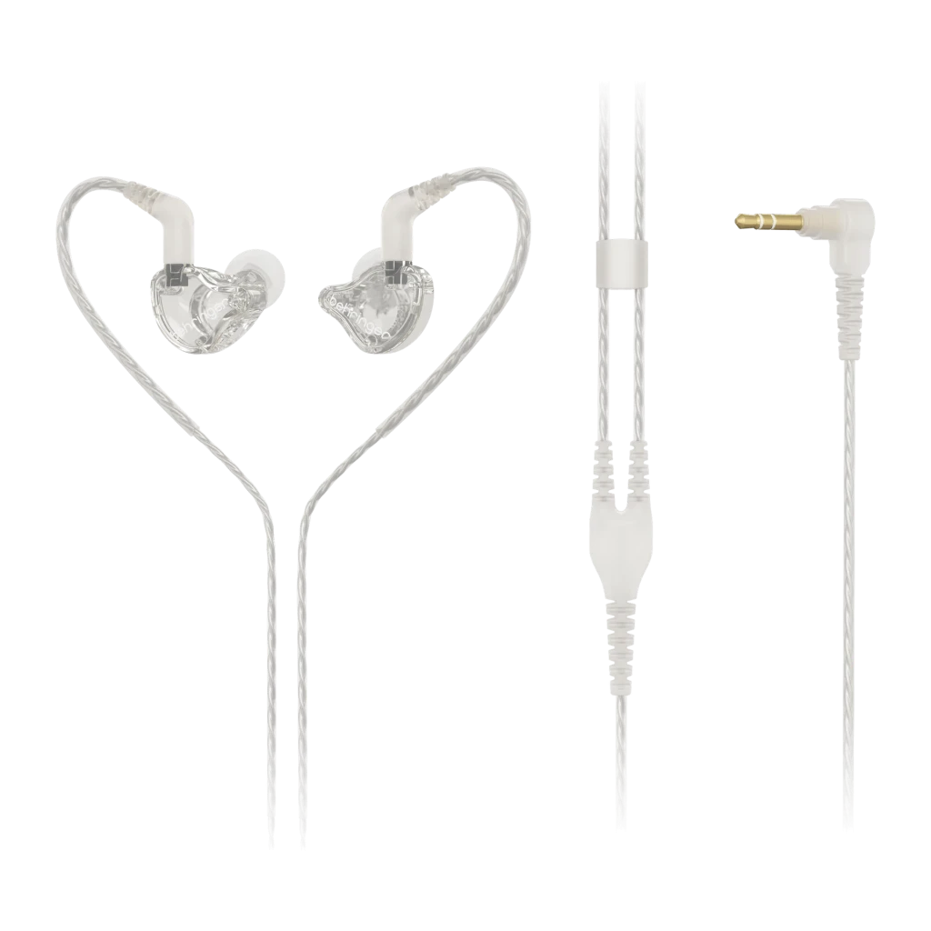 Écouteurs Behringer MO240-CL PRO Earbuds In-Ear Jack 3,5 mm, vue de face: corps transparent avec crochets, câble séparateur