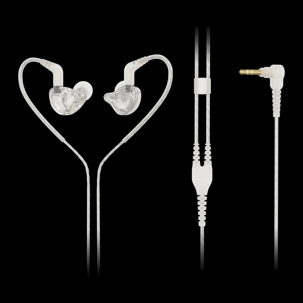 Écouteurs Behringer MO240-CL PRO Earbuds In-Ear Jack 3,5 mm, vue de face: corps transparent avec crochets, câble séparateur