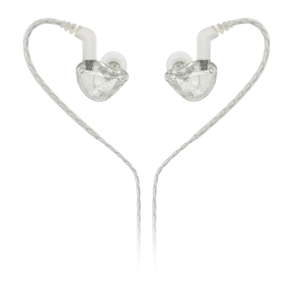 Écouteurs Behringer MO240-CL PRO Earbuds In-Ear Jack 3,5 mm, détail: coque transparente avec logo et câble formant un cœur