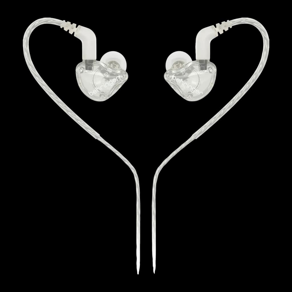 Écouteurs Behringer MO240-CL PRO Earbuds In-Ear Jack 3,5 mm, détail: coque transparente avec logo et câble formant un cœur