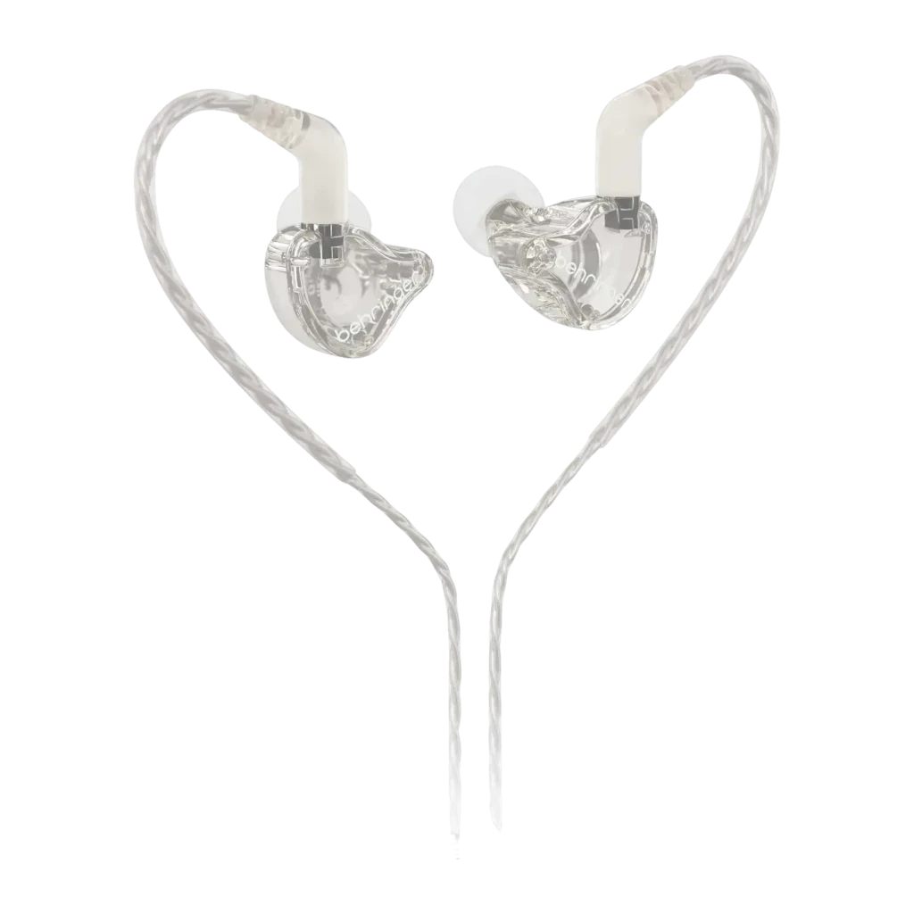 Écouteurs Behringer MO240-CL PRO Earbuds In-Ear Jack 3,5 mm, détail: coque transparente et crochets flexibles formant un cœur