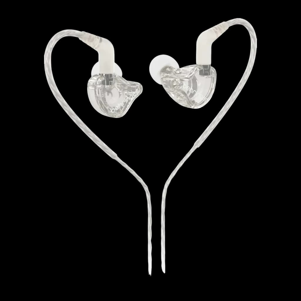 Écouteurs Behringer MO240-CL PRO Earbuds In-Ear Jack 3,5 mm, détail: coque transparente et crochets flexibles formant un cœur