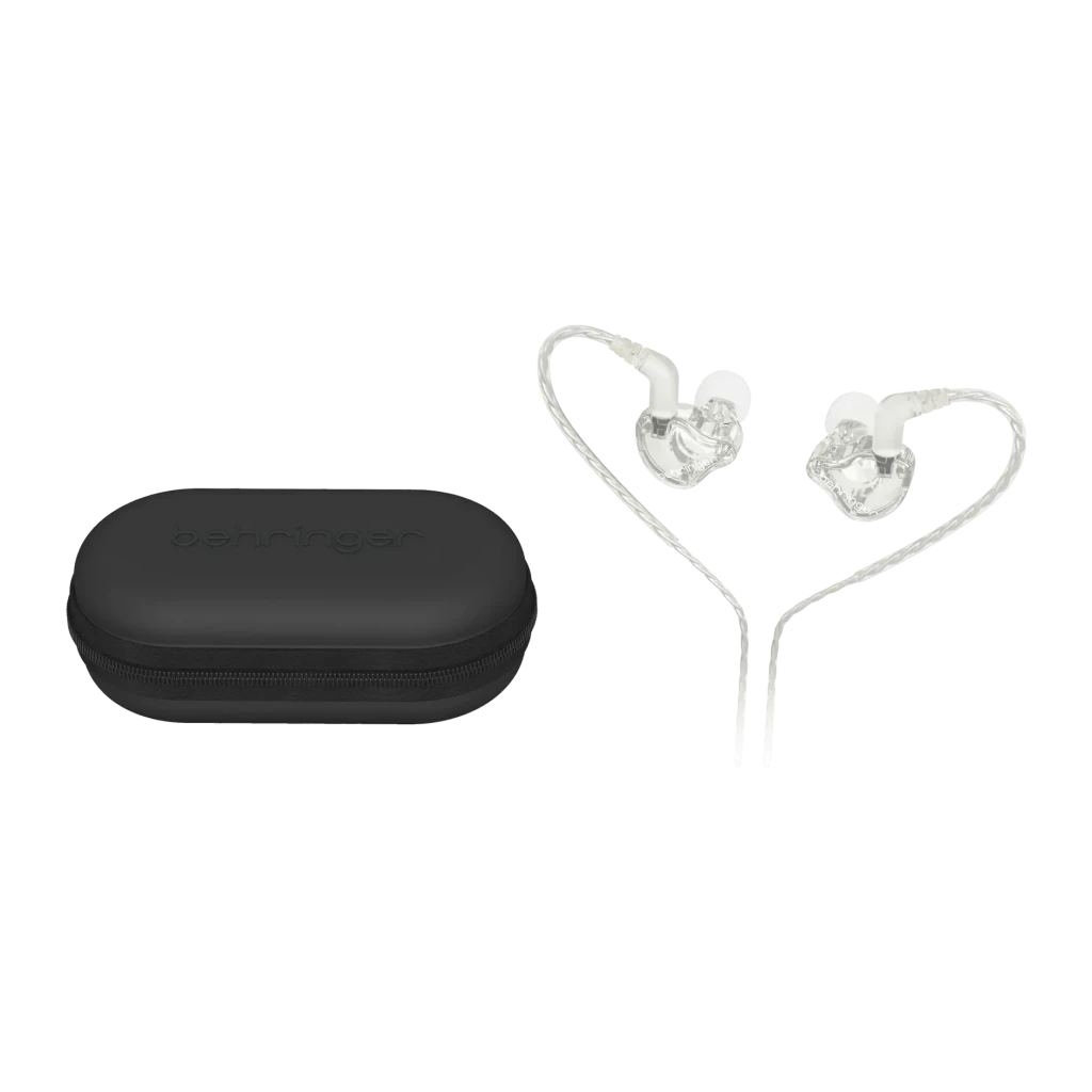 Écouteurs Behringer MO240-CL PRO Earbuds In-Ear Jack 3,5 mm, détail: coques transparentes avec crochets et étui rigide noir