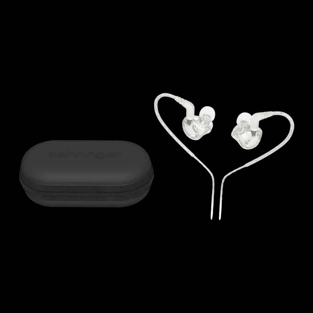 Écouteurs Behringer MO240-CL PRO Earbuds In-Ear Jack 3,5 mm, détail: coques transparentes avec crochets et étui rigide noir