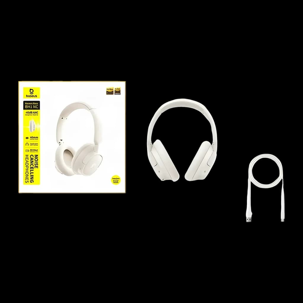 Casque Baseus Bass BH1 NC Wireless ANC Starlight Réduction de Bruit, contenu boîte: casque blanc, câble USB et packaging