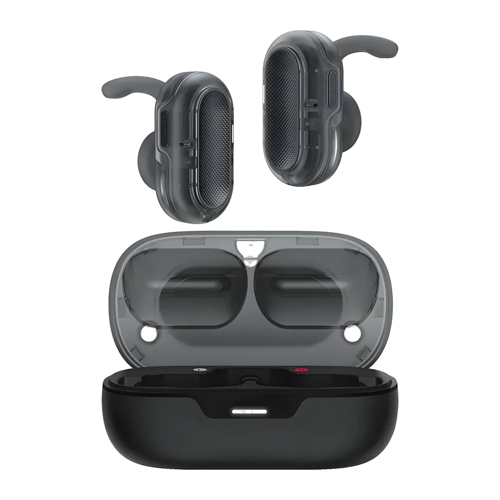 Écouteurs ACEFAST Acefit Neo FA003 TWS In-Ear Bluetooth 5.3, vue de face: deux écouteurs gris avec ailettes et boîtier