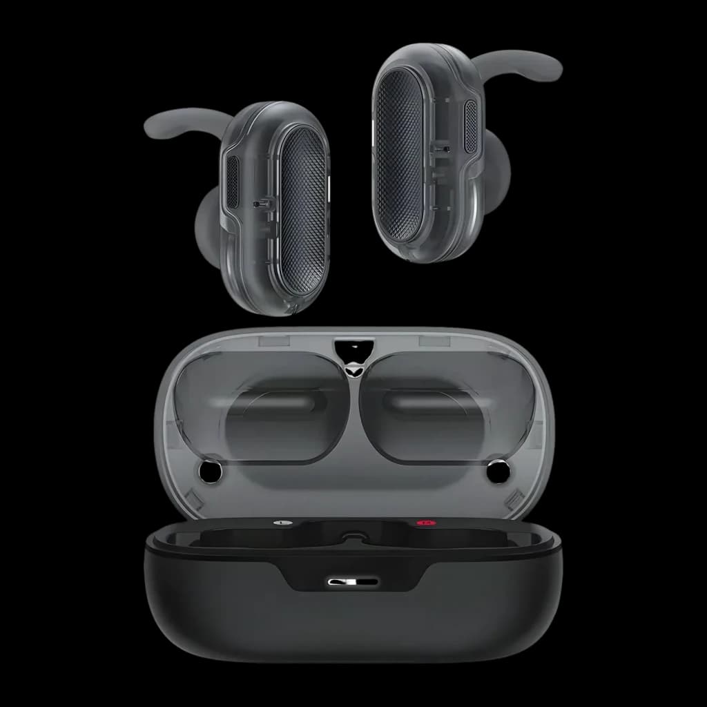 Écouteurs ACEFAST Acefit Neo FA003 TWS In-Ear Bluetooth 5.3, vue de face: deux écouteurs gris avec ailettes et boîtier
