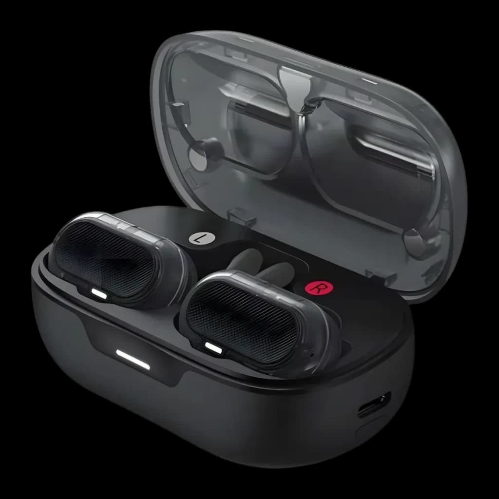 Écouteurs ACEFAST Acefit Neo FA003 TWS In-Ear Bluetooth 5.3, détail: boîtier ouvert à couvercle transparent, écouteurs L