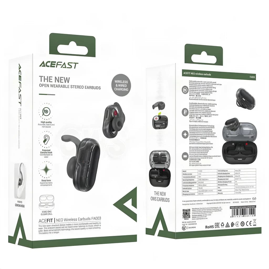 Écouteurs ACEFAST Acefit Neo FA003 TWS In-Ear Bluetooth 5.3, contenu de la boîte: packaging recto-verso avec écouteurs