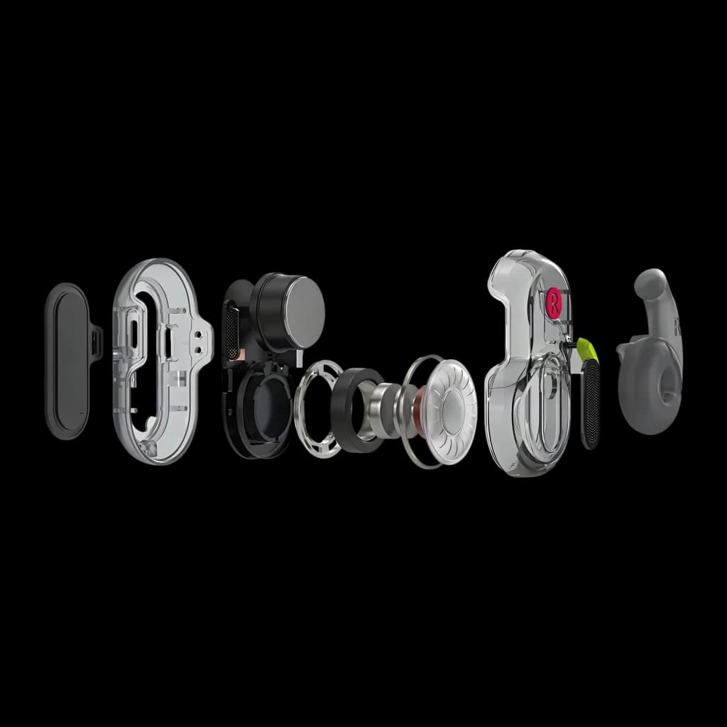 Écouteurs ACEFAST Acefit Neo FA003 TWS In-Ear Bluetooth 5.3, vue éclatée: couches internes du driver et coque transparente