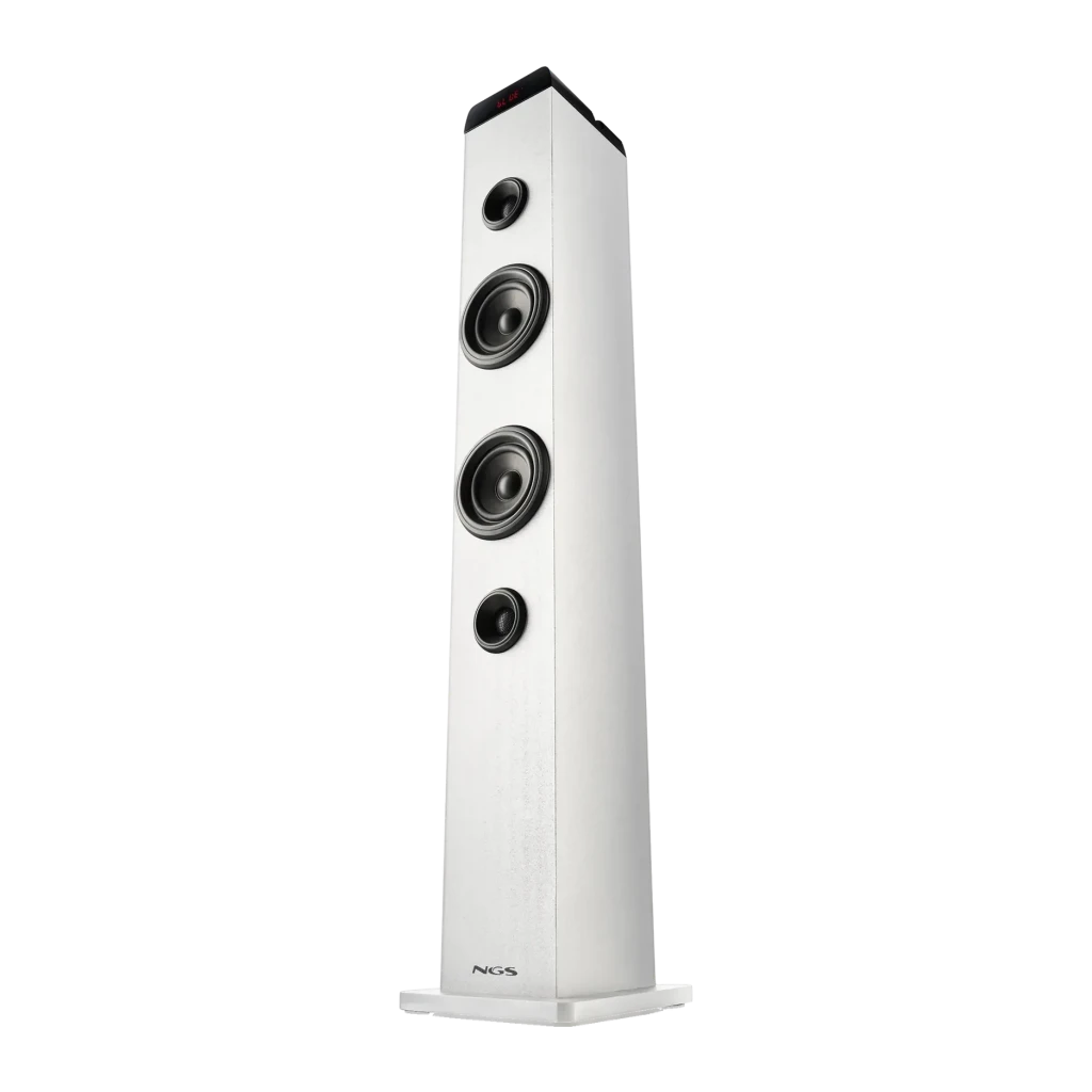 Torre de Som NGS Sky Charm Pro 40W RMS Bluetooth 5.4 branca, vista em ângulo: 4 altifalantes frontais e painel superior
