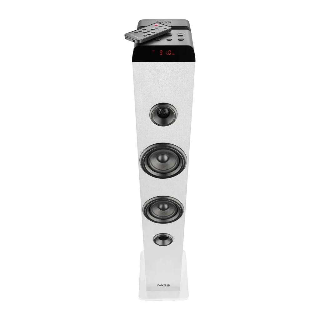 Torre de Som NGS Sky Charm Pro 40W RMS Bluetooth 5.4, vista frontal: corpo branco com 4 altifalantes, display LED vermelho
