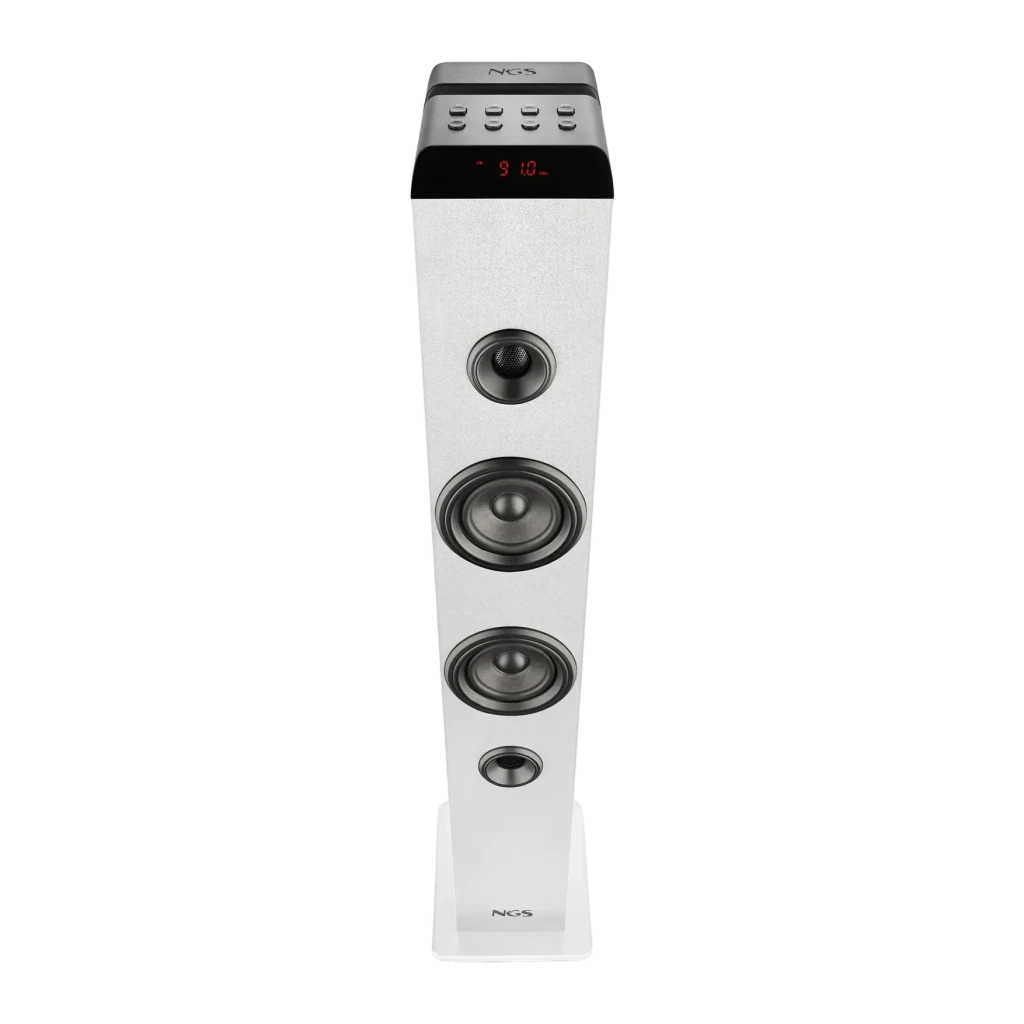 Torre de Som NGS Sky Charm Pro 40W RMS Bluetooth 5.4, vista frontal: 4 altifalantes, display LED vermelho e botões no painel