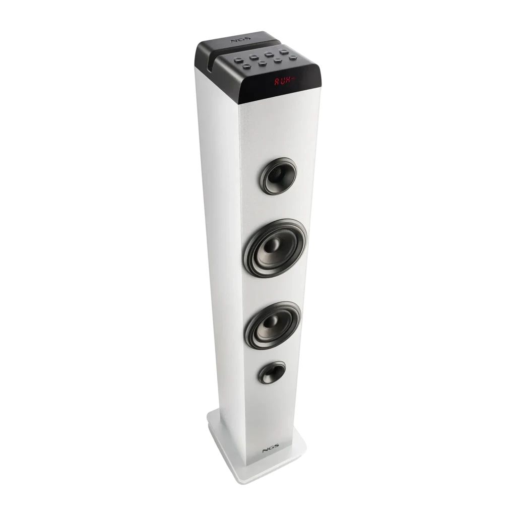 Torre de Som NGS Sky Charm Pro 40W RMS Bluetooth 5.4, vista em perspectiva: corpo branco com 4 altifalantes frontais
