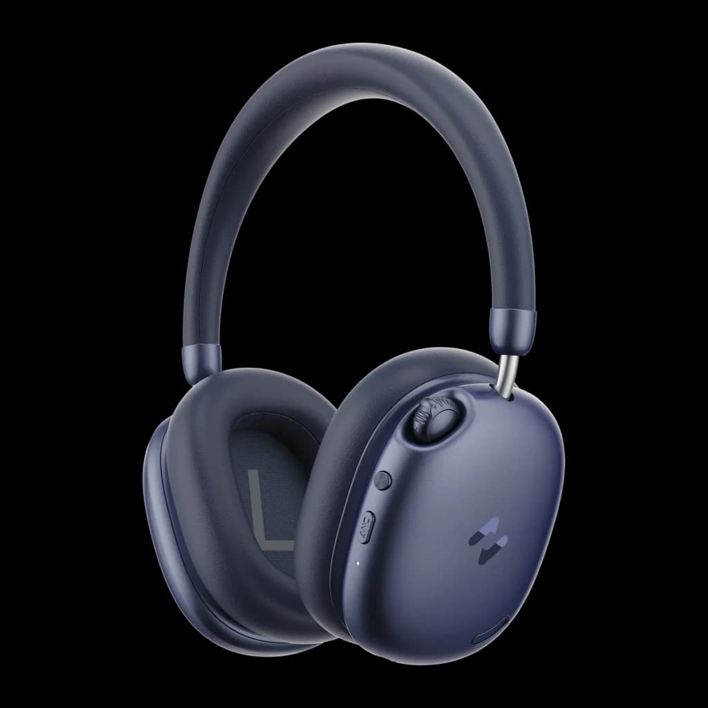 Auriculares Havit Space S1 Cancelación de Ruido Activa Diadema azul, vista frontal: almohadillas, rueda de control y puerto