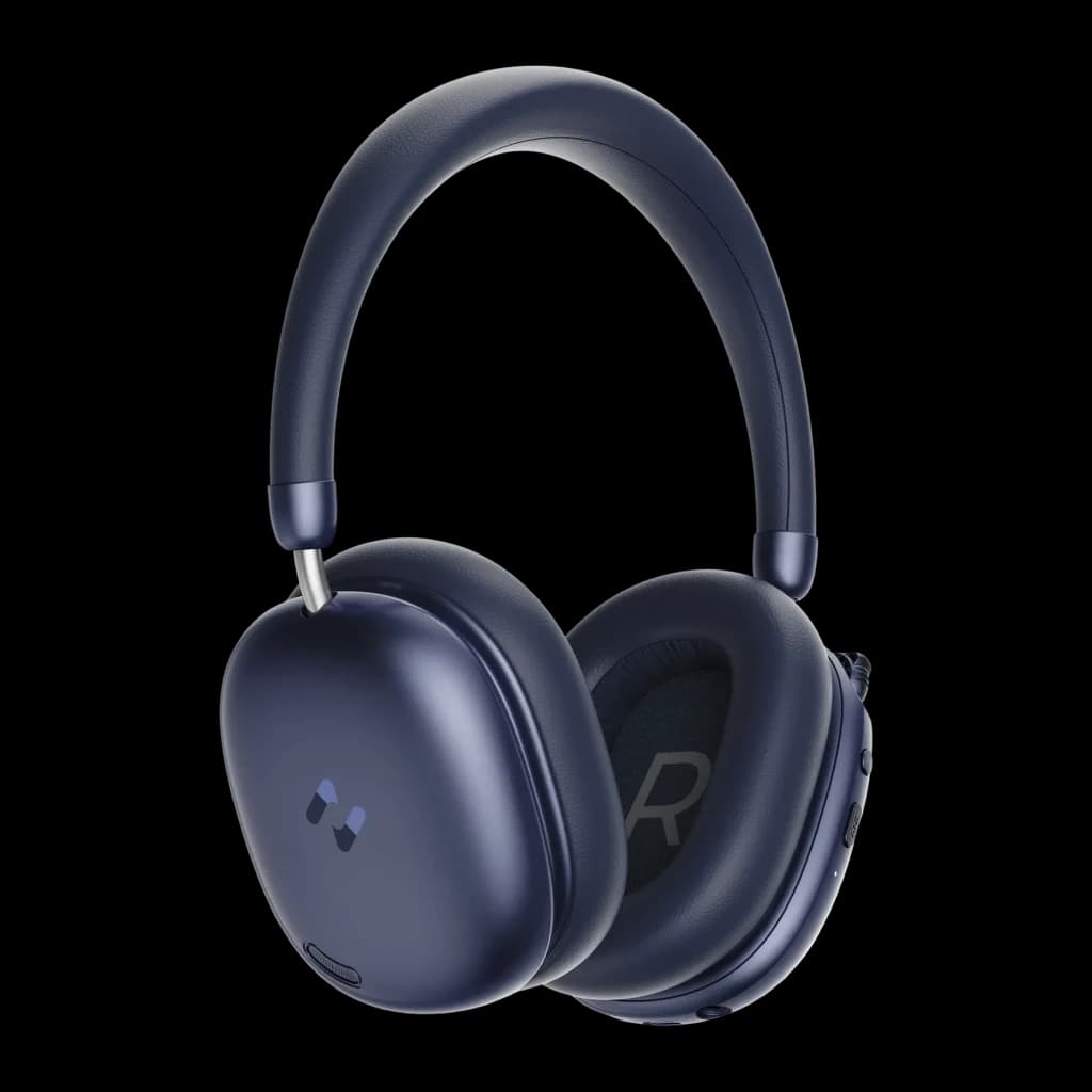 Auriculares Havit Space S1 Cancelación de Ruido Activa Diadema, vista lateral: almohadillas azul marino y logo Havit