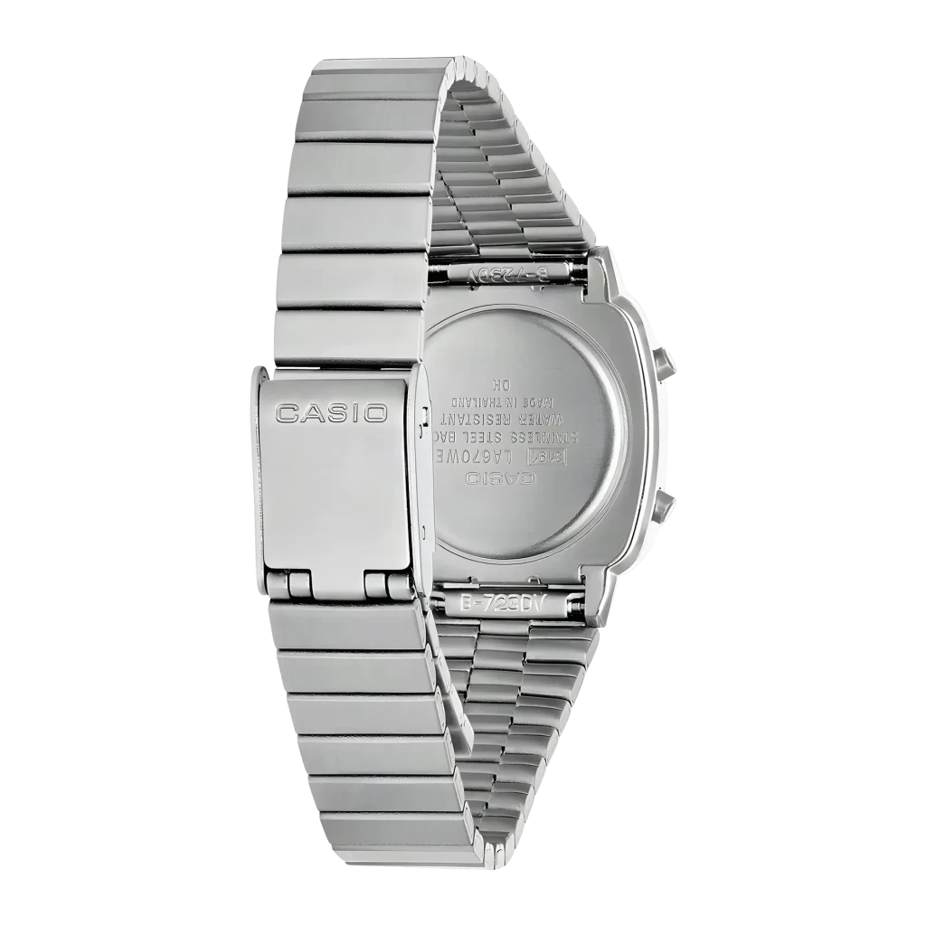 Casio Vintage Mini LA670WEA-7EF Aço Inoxidável Relógio de Pulso, vista traseira: caixa gravada com modelo, fecho e bracelete