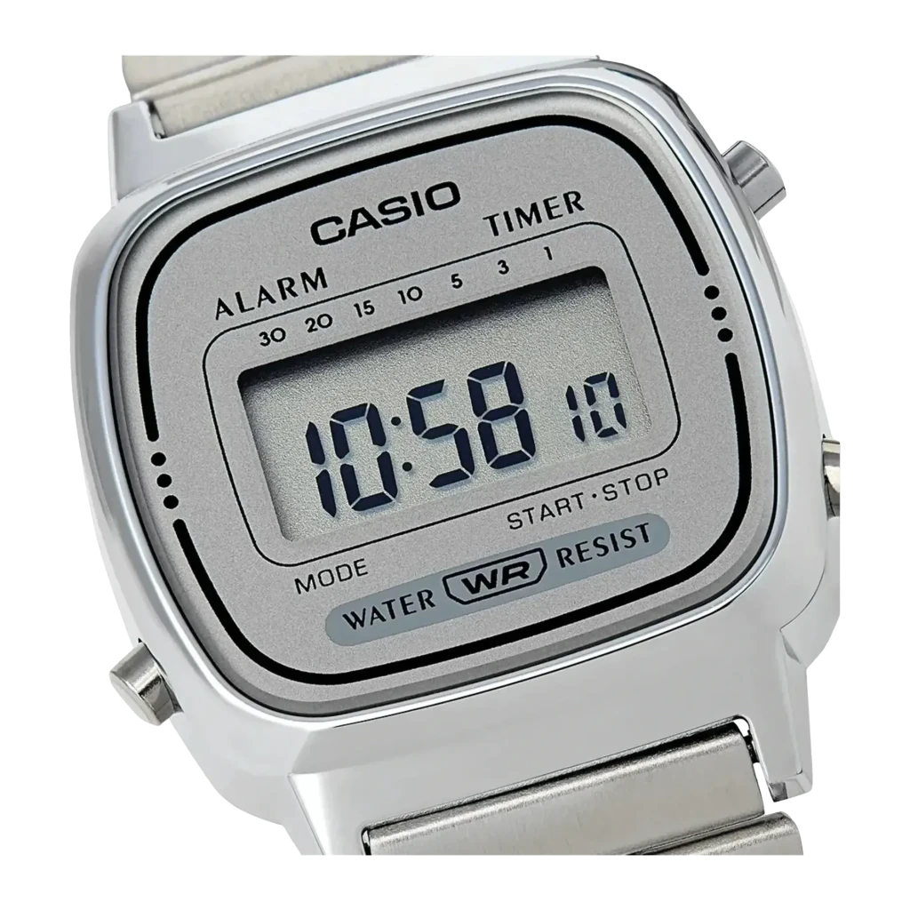 Casio Vintage Mini LA670WEA-7EF Aço Inoxidável Relógio de Pulso, detalhe: mostrador digital com alarme, timer e selo Water