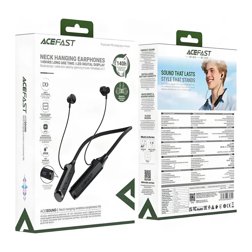 Écouteurs tour de cou Acefast N6 Neckband In-Ear Bluetooth 5.4 130h IPX4, contenu de la boîte: packaging noir recto-verso
