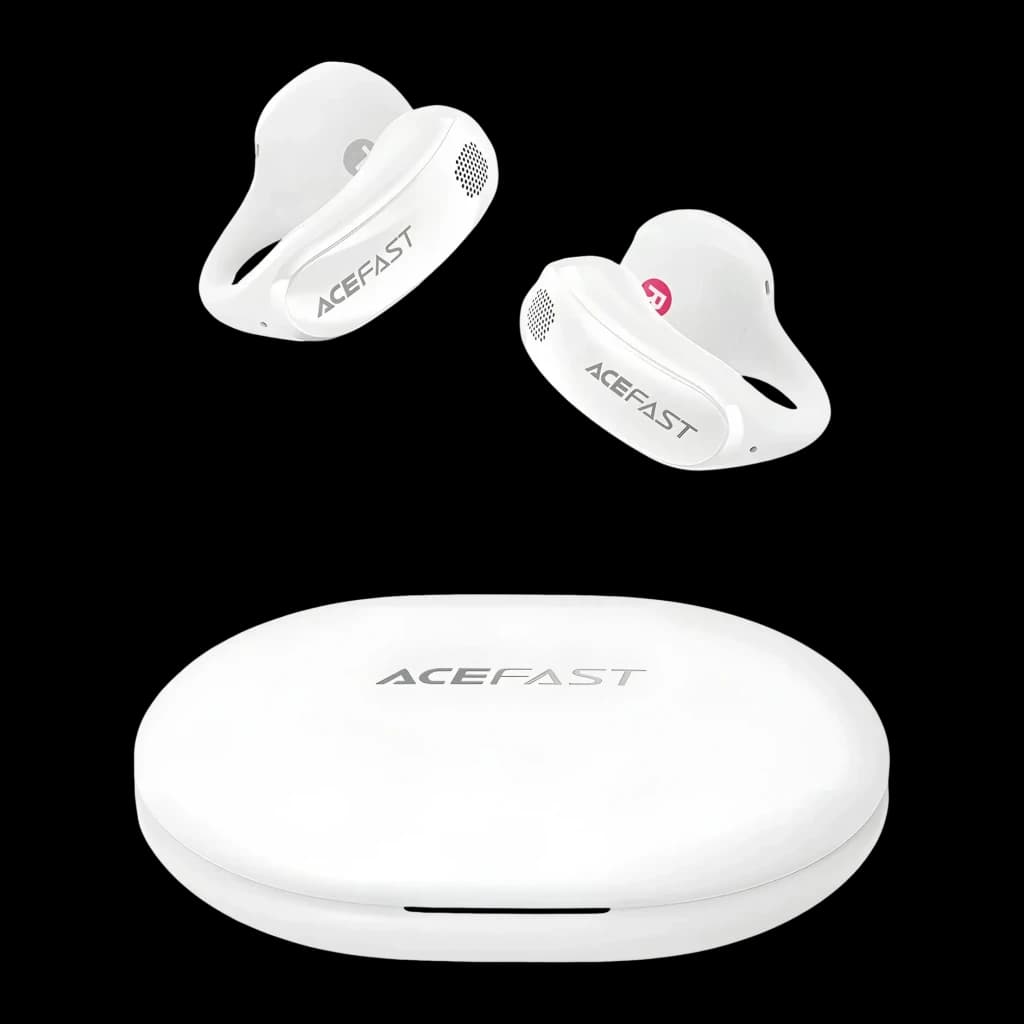 Écouteurs Acefast AceClip Pro FA006 Open-Ear TWS Bluetooth 5.4, vue de face: deux écouteurs blancs à clip et boîtier