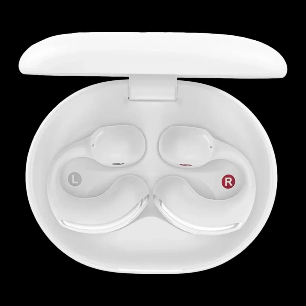 Écouteurs Acefast AceClip Pro FA006 Open-Ear TWS Bluetooth 5.4, détail: boîtier ouvert vu de dessus avec écouteurs L et R