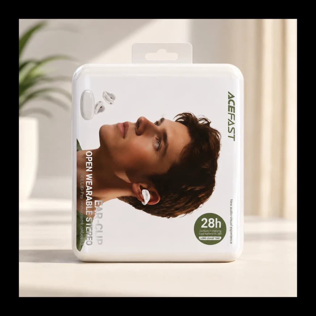 Écouteurs Acefast AceClip Pro FA006 Open-Ear TWS Bluetooth 5.4, boîte: packaging blanc face avant avec modèle les portant