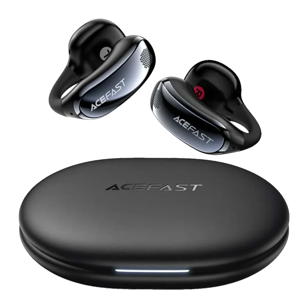 Écouteurs Acefast AceClip Pro Open Ear TWS Bluetooth 5.4 28h (7h+étui), vue frontale: deux écouteurs clip-on noirs flottant