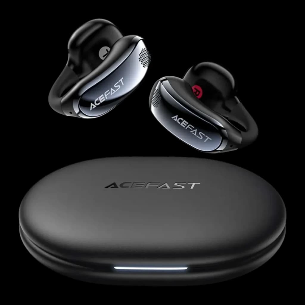 Écouteurs Acefast AceClip Pro Open Ear TWS Bluetooth 5.4 28h (7h+étui), vue frontale: deux écouteurs clip-on noirs flottant