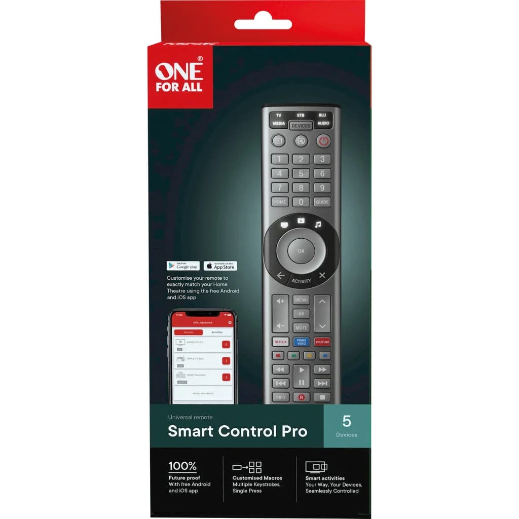 Mando a distancia universal One for All Smart Control Pro 5 URC7956, contenido de la caja: caja frontal con mando y app