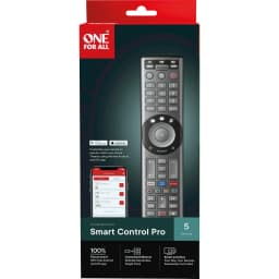 Mando a distancia universal One for All Smart Control Pro 5 URC7956, contenido de la caja: caja frontal con mando y app