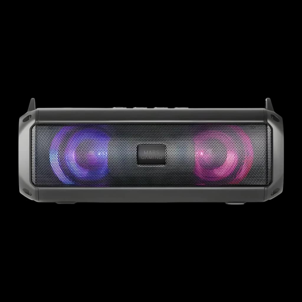 Barra de Som Mars Gaming MSB-XT 20W 8h Bluetooth 5.3, vista frontal: grelha preta com 4 altifalantes iluminados RGB roxo