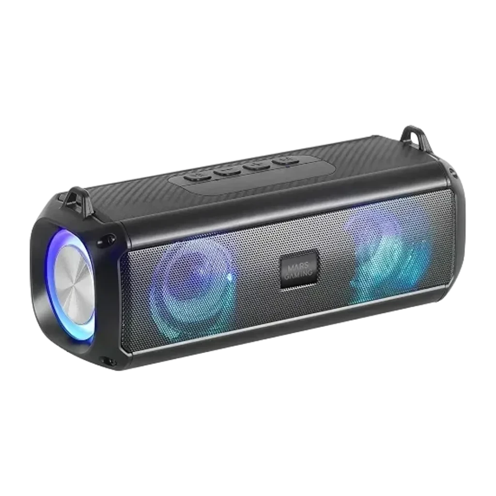 Barra de Som Mars Gaming MSB-XT 20W 8h Bluetooth 5.3, detalhe: iluminação RGB nos altifalantes frontais, grelha metálica