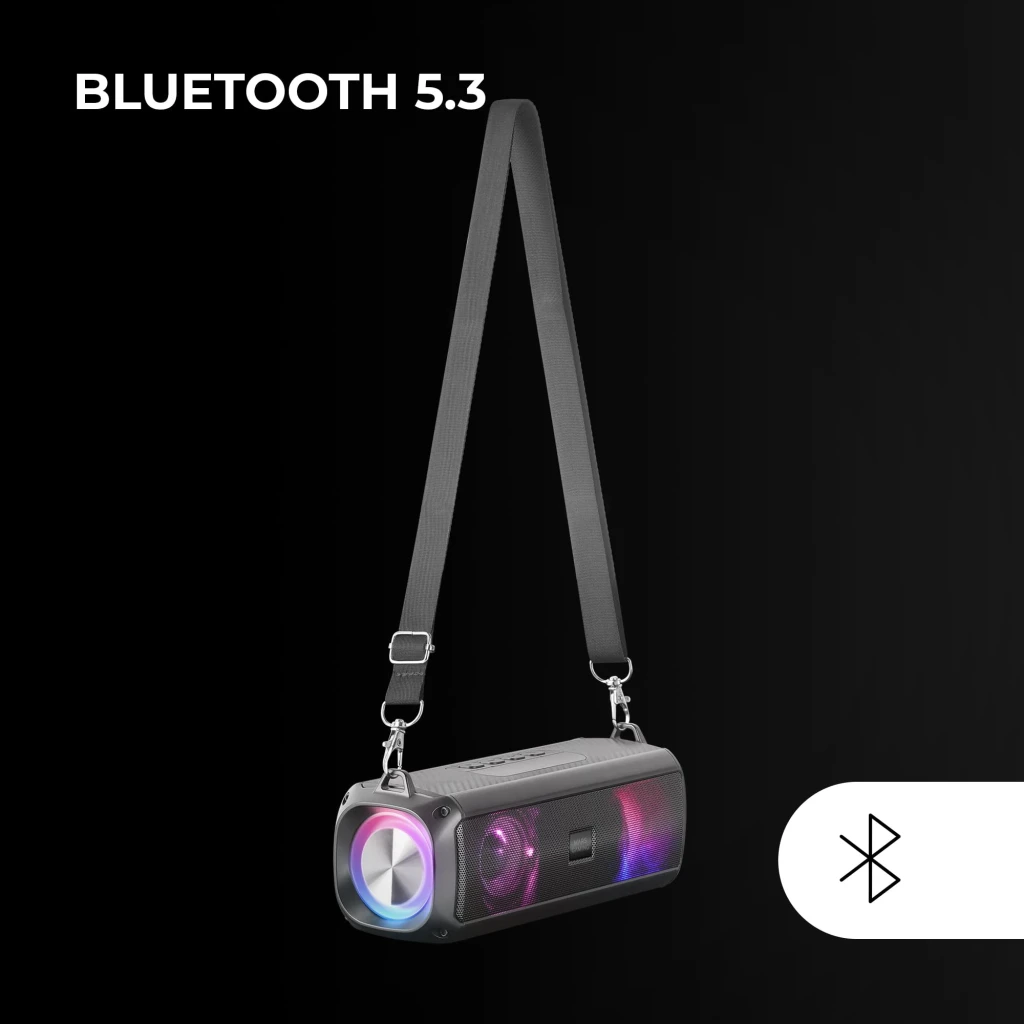 Barra de Som Mars Gaming MSB-XT 20W 8h Bluetooth 5.3, vista lateral: alça de transporte e luzes RGB acesas