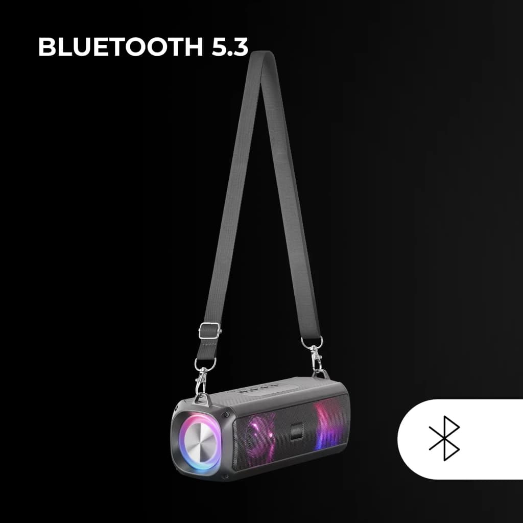 Barra de Som Mars Gaming MSB-XT 20W 8h Bluetooth 5.3, vista lateral: alça de transporte e luzes RGB acesas