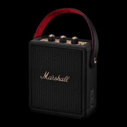 Coluna portátil Marshall Stockwell III IP55 65W 40h Bluetooth 5.3, vista frontal: grelha preta com logótipo dourado, pega