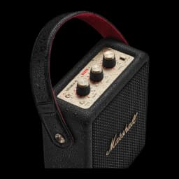 Coluna portátil Marshall Stockwell III IP55 65W 40h Bluetooth 5.3, detalhe: botões dourados com gotas de água, alça de couro