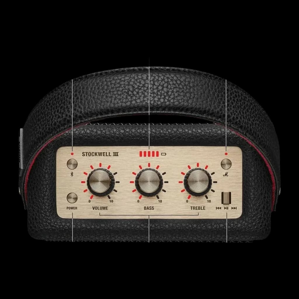 Coluna portátil Marshall Stockwell III IP55 65W 40h Bluetooth 5.3 preta, detalhe: painel dourado com botões de volume