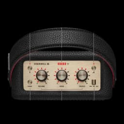 Coluna portátil Marshall Stockwell III IP55 65W 40h Bluetooth 5.3 preta, detalhe: painel dourado com botões de volume