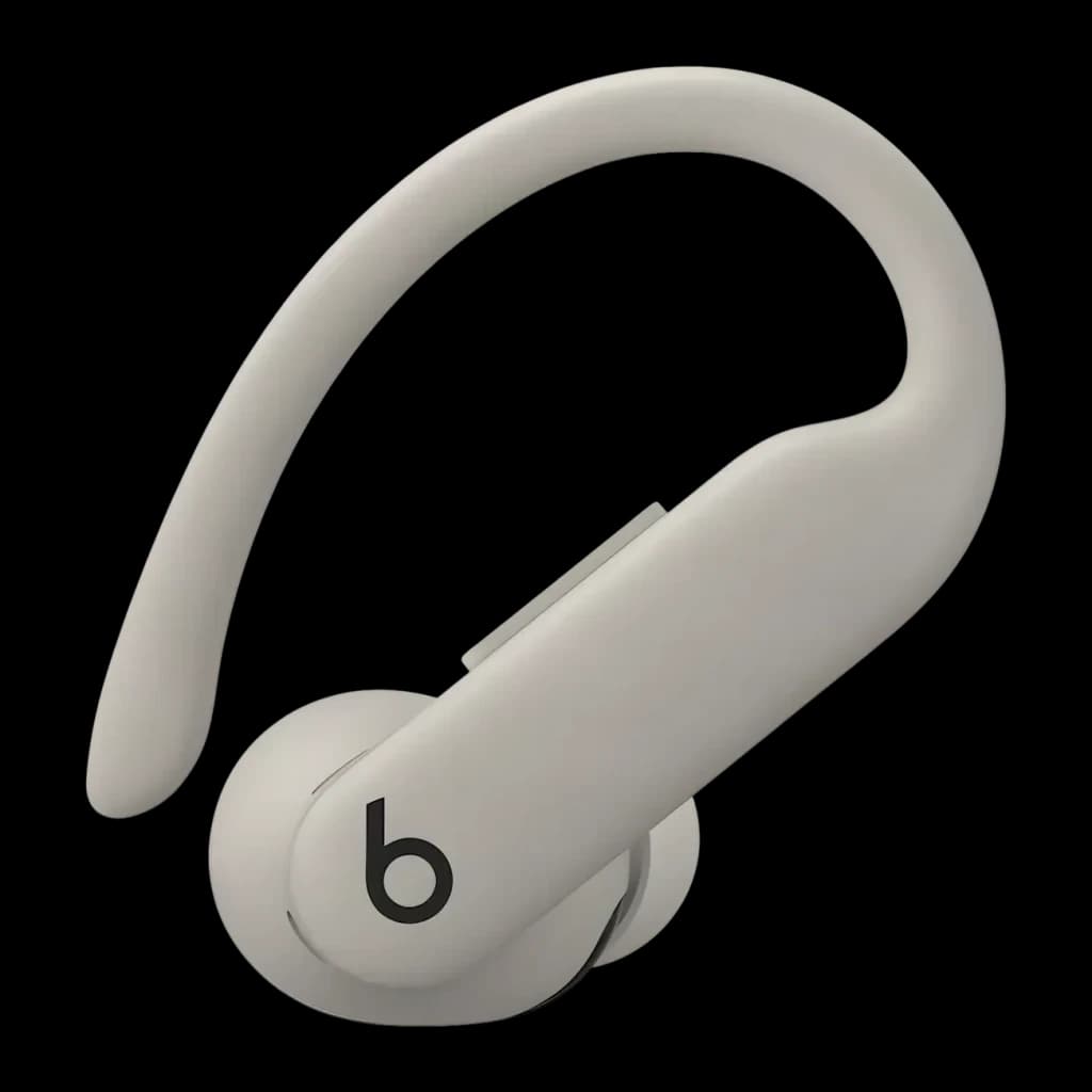 Écouteurs Beats Powerbeats Pro 2 Réduction de Bruit In-Ear Bluetooth blanc, détail: crochet auriculaire et logo b sur fond