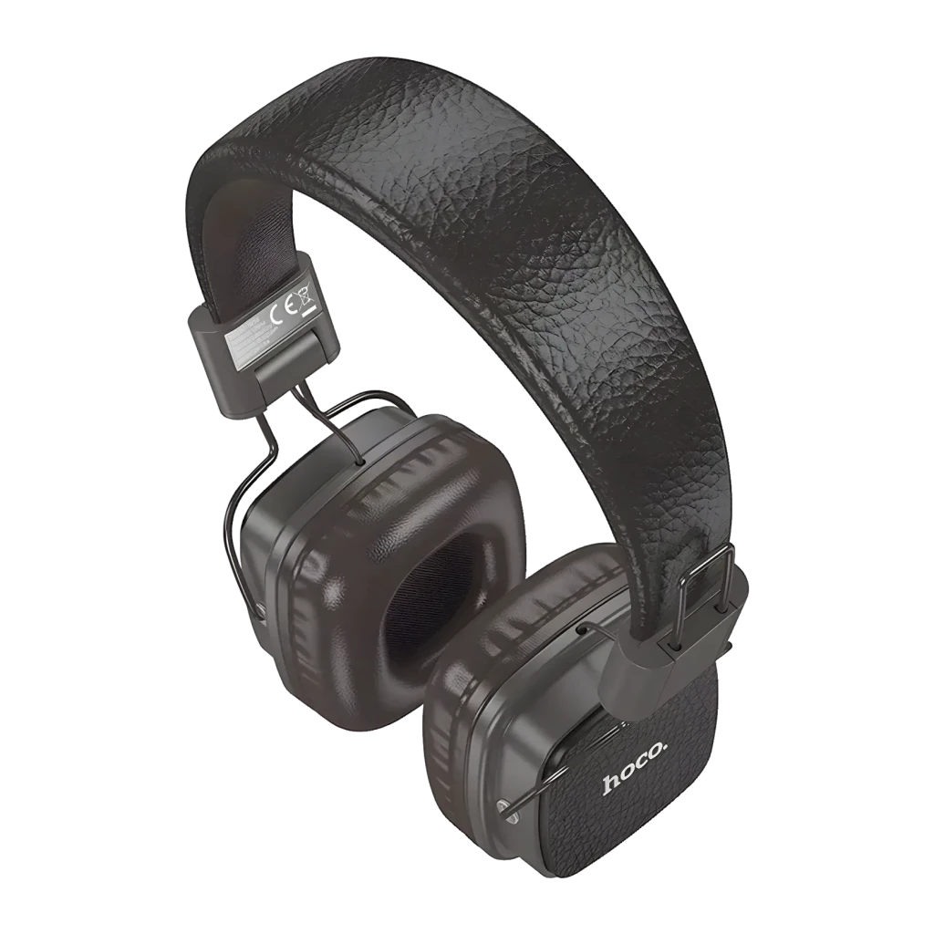 Auriculares HOCO W56 Earl Diadema Bluetooth 5.4 28h 40mm Driver 32Ω, detalle: diadema acolchada con textura cuero y logo