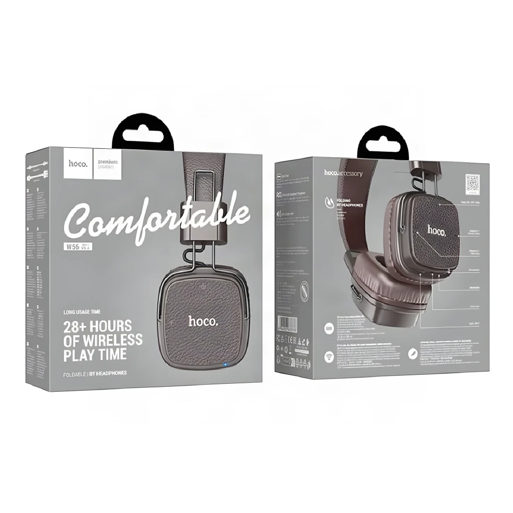 Auriculares HOCO W56 Earl Diadema Bluetooth 5.4 28h 40mm Driver 32Ω, contenido de la caja: cajas frontal y trasera en gris