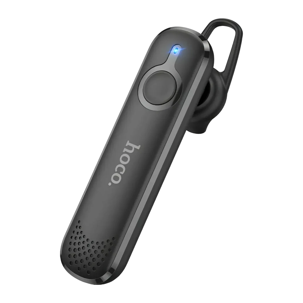 Auricular HOCO E63 Diamond In-Ear Mono Bluetooth 5.0 6h, vista frontal: cuerpo negro con logo hoco, botón central y LED azul
