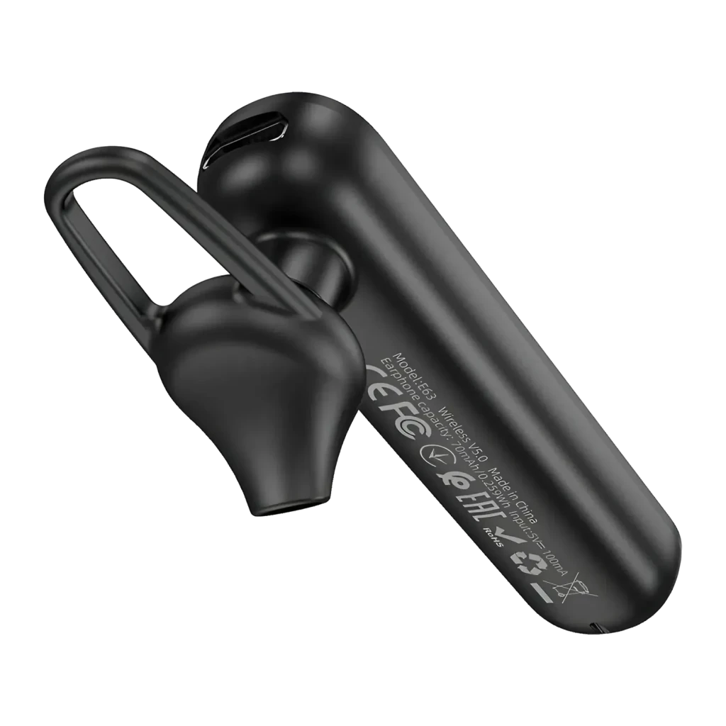 Auricular HOCO E63 Diamond In-Ear Mono Bluetooth 5.0 6h negro, vista trasera: cuerpo alargado negro con certificaciones CE