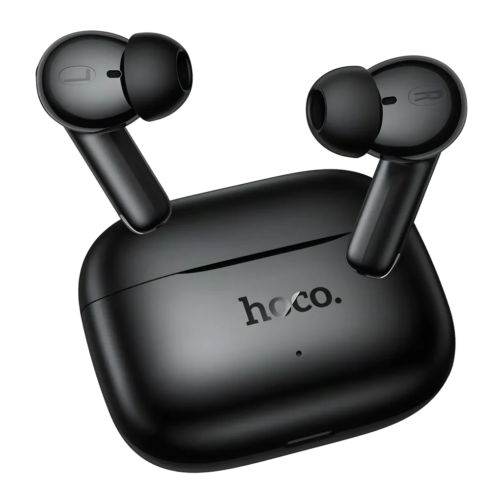 Auriculares HOCO EQ30 TWS In-Ear Bluetooth 6.0 7h, vista frontal: estuche negro abierto con ambos earbuds extraídos y logo